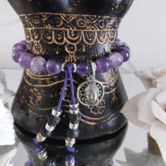 Amethyst Stretch Bracelet w/Tree of Life and Buddha Charm - Picture 1 of 5